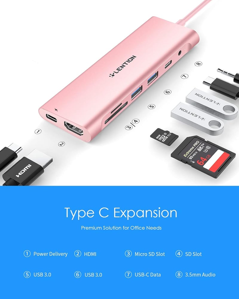 LENTION USB-C Hub 1m Kábellel - 4K HDMI, USB 3.0, SD Kártyaolvasó, 60W Töltés - MacBook Pro/Air, Surface, Chromebook Kompatibilis - Rozéaran