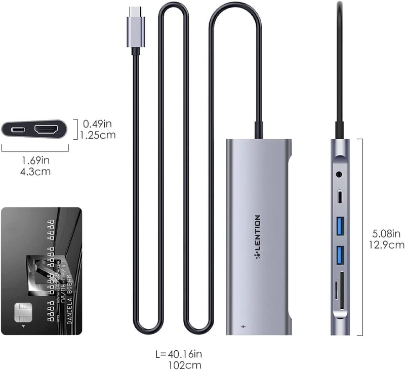 LENTION USB C Hub 1m Kábellel - 4K HDMI, USB 3.0, USB-C, SD/Micro SD Kártyaolvasó, AUX, 60W Töltő - MacBook Pro/Air, Surface, Chromebook Kom