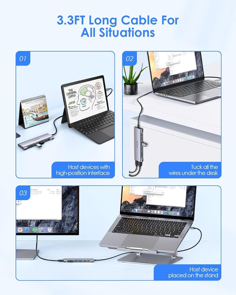 LENTION USB C Hub 1m Kábellel - 4K HDMI, USB 3.0, USB-C, SD/Micro SD Kártyaolvasó, AUX, 60W Töltő - MacBook Pro/Air, Surface, Chromebook Kom