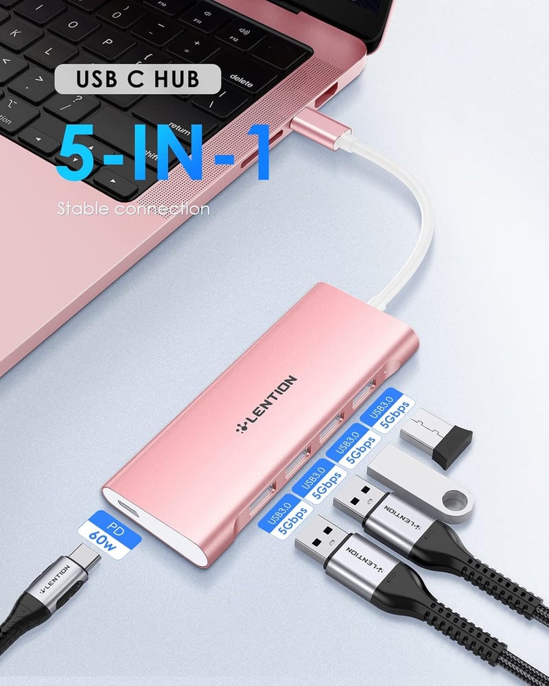 LENTION USB C Hub 4 USB 3.0 Porttal, 5 Gbps Adatátvitel, 60W Töltés - MacBook Pro/Air, Surface, Chromebook Kompatibilis Alumínium Adapter Ró