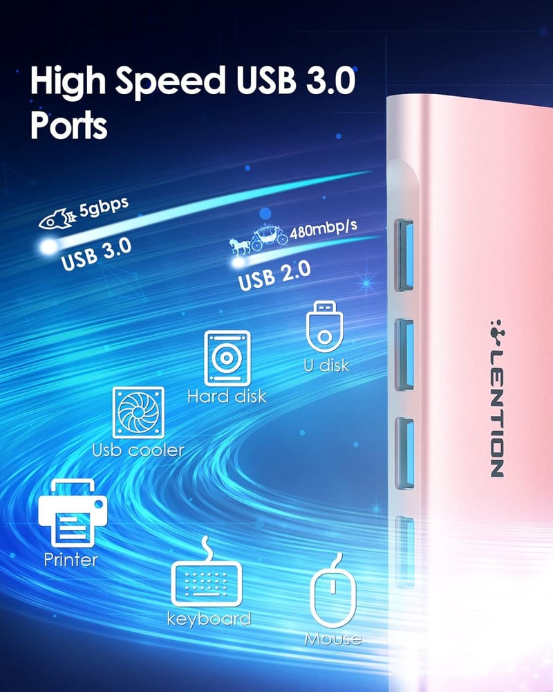 LENTION USB C Hub 4 USB 3.0 Porttal, 5 Gbps Adatátvitel, 60W Töltés - MacBook Pro/Air, Surface, Chromebook Kompatibilis Alumínium Adapter Ró