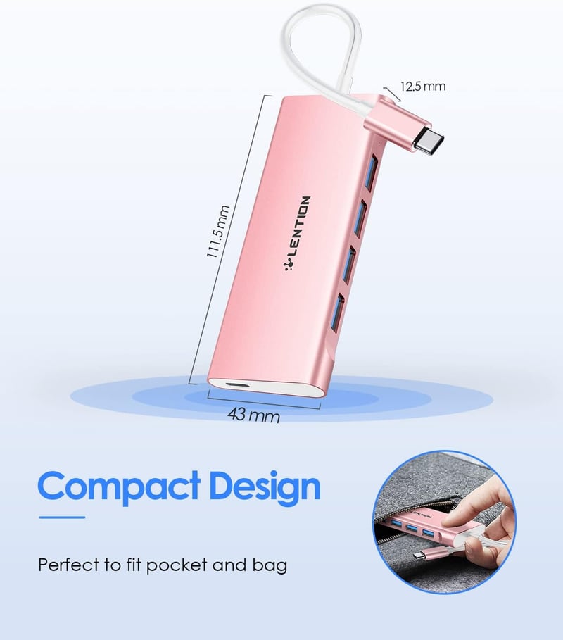 LENTION USB C Hub 4 USB 3.0 Porttal, 5 Gbps Adatátvitel, 60W Töltés - MacBook Pro/Air, Surface, Chromebook Kompatibilis Alumínium Adapter Ró