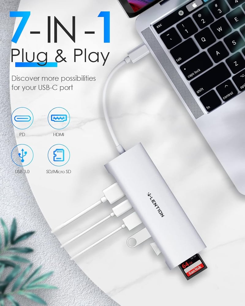LENTION USB C Hub 4K HDMI Adapter - 100W Töltés, USB 3.0, SD/TF Kártyaolvasó - MacBook Pro/Air, Surface Kompatibilis - Thunderbolt 3/4 Csatl