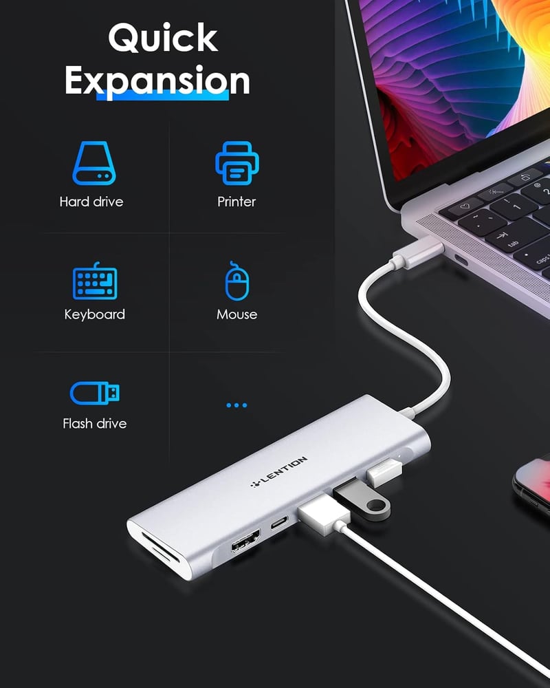 LENTION USB C Hub 4K HDMI Adapter - 100W Töltés, USB 3.0, SD/TF Kártyaolvasó - MacBook Pro/Air, Surface Kompatibilis - Thunderbolt 3/4 Csatl
