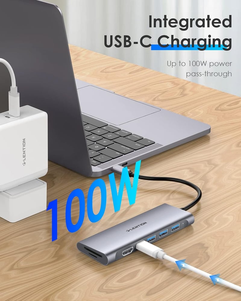 LENTION USB C Hub 4K HDMI Adapter - USB 3.0, SD/TF Kártyaolvasó, 100W Töltés - MacBook Pro/Air, Surface, Chromebook Kompatibilis Thunderbolt
