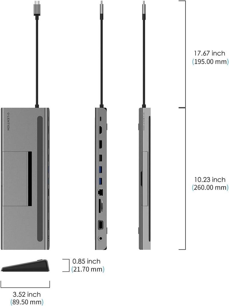 LENTION USB C Hub 4K HDMI, DisplayPort, VGA, 100W PD, Ethernet, Kártyaolvasó - MacBook Pro, Air, iPad Pro, Surface Laptopokhoz (Szürke)