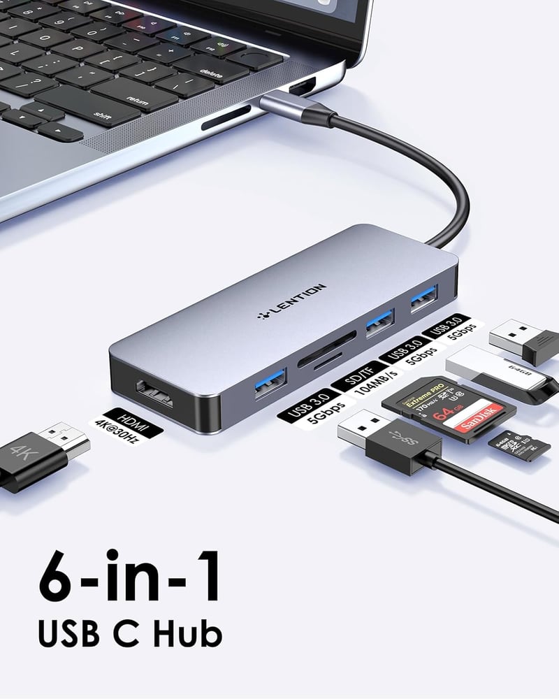 LENTION USB C Hub 4K HDMI Kimenettel, 3 USB 3.0 Porttal, Dupla SD3.0 Kártyaolvasóval - MacBook Pro/Air, iPad Pro, Surface Kompatibilis Multi