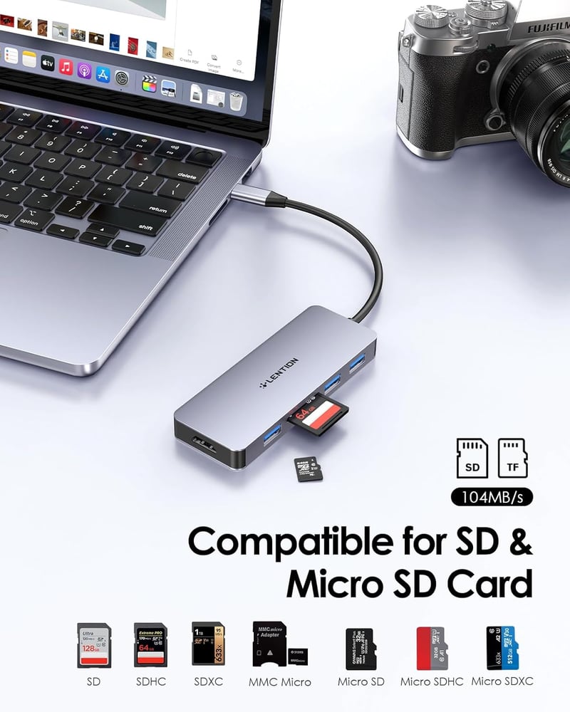 LENTION USB C Hub 4K HDMI Kimenettel, 3 USB 3.0 Porttal, Dupla SD3.0 Kártyaolvasóval - MacBook Pro/Air, iPad Pro, Surface Kompatibilis Multi