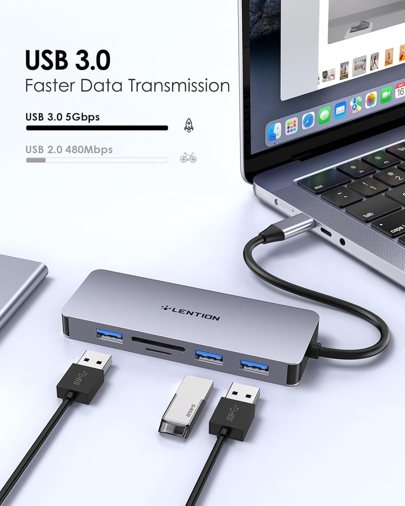LENTION USB C Hub 4K HDMI Kimenettel, 3 USB 3.0 Porttal, Dupla SD3.0 Kártyaolvasóval - MacBook Pro/Air, iPad Pro, Surface Kompatibilis Multi