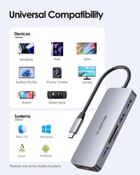 LENTION USB C Hub 4K HDMI Kimenettel, 3 USB 3.0 Porttal, Dupla SD3.0 Kártyaolvasóval - MacBook Pro/Air, iPad Pro, Surface Kompatibilis Multi 7