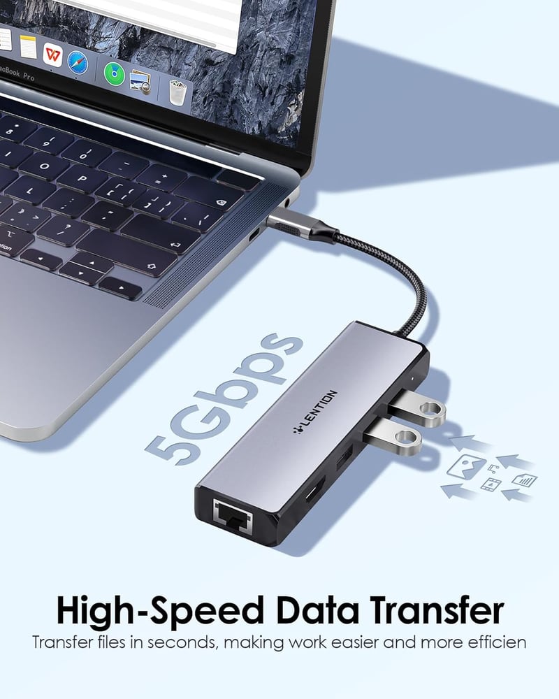 LENTION USB C Hub 5-in-1 - 4K HDMI, Gigabit Ethernet, 3 USB 3.0 Port - MacBook Pro/Air, Surface Kompatibilis Adapter - Szürke