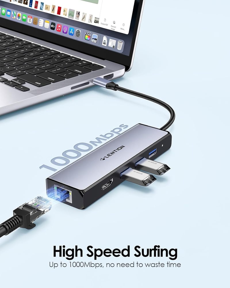 LENTION USB C Hub 5-in-1 - 4K HDMI, Gigabit Ethernet, 3 USB 3.0 Port - MacBook Pro/Air, Surface Kompatibilis Adapter - Szürke
