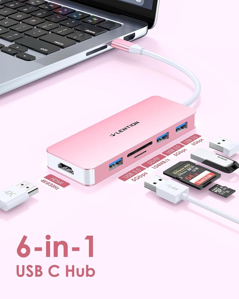 LENTION USB C Hub 6 az 1-ben - 4K HDMI, 3 USB 3.0, SD/TF Kártyaolvasó - MacBook Pro/Air, iPad Pro, Surface Kompatibilis Adapter Rózsaarany