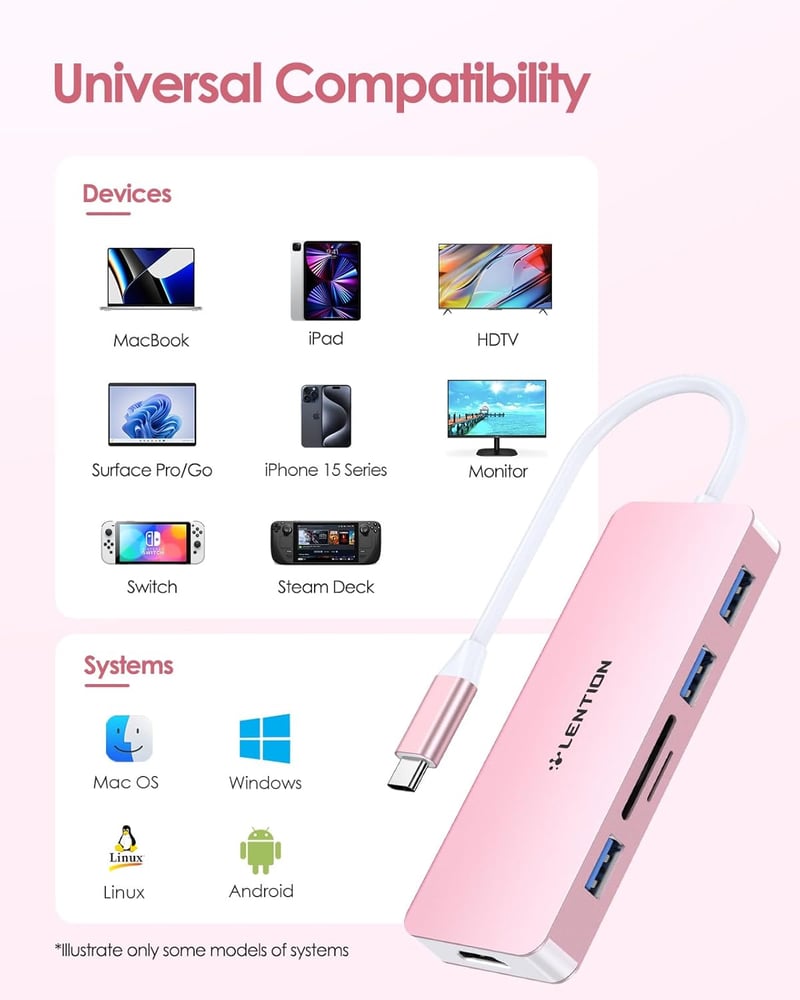 LENTION USB C Hub 6 az 1-ben - 4K HDMI, 3 USB 3.0, SD/TF Kártyaolvasó - MacBook Pro/Air, iPad Pro, Surface Kompatibilis Adapter Rózsaarany