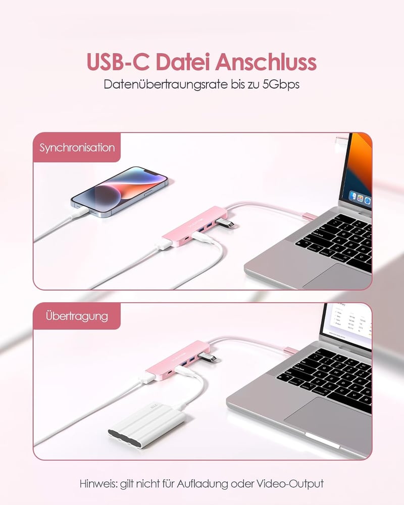 LENTION USB C Hub 6-in-1 - 4K HDMI, 100W PD, USB 3.0 Adapter - MacBook Pro/Air, iPhone 16/15 Kompatibilis - Rózsaarany