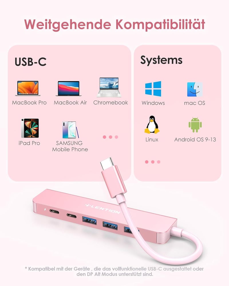 LENTION USB C Hub 6-in-1 - 4K HDMI, 100W PD, USB 3.0 Adapter - MacBook Pro/Air, iPhone 16/15 Kompatibilis - Rózsaarany
