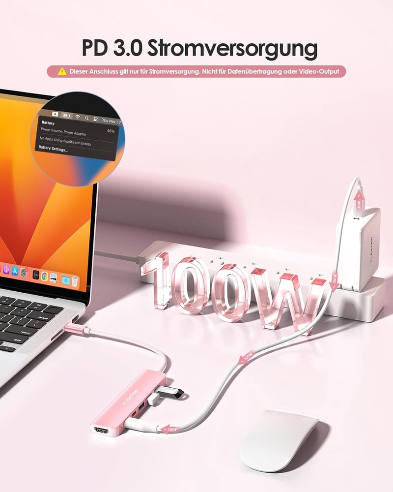 LENTION USB C Hub 6-in-1 - 4K HDMI, 100W PD, USB 3.0 Adapter - MacBook Pro/Air, iPhone 16/15 Kompatibilis - Rózsaarany