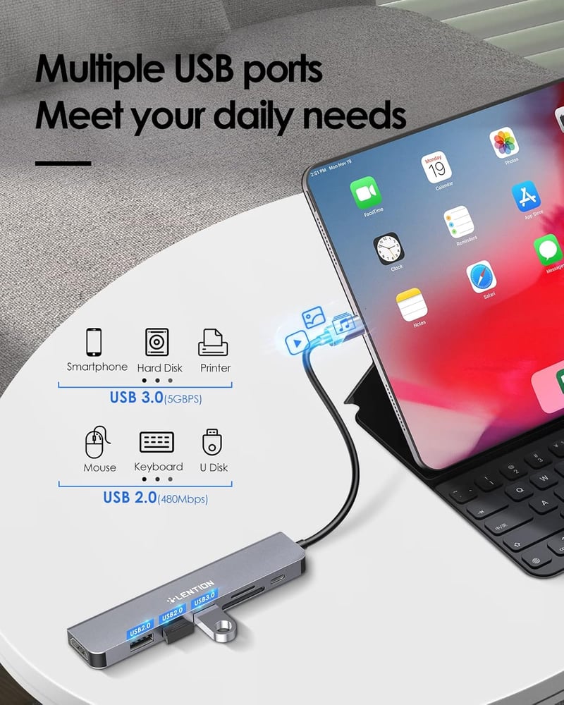 LENTION USB C Hub 7 az 1-ben - 100W PD Töltés, 4K HDMI, SD/TF Kártyaolvasó, USB 3.0 - MacBook Pro/Air, iPhone 16/15, Thunderbolt 3/4 Kompati