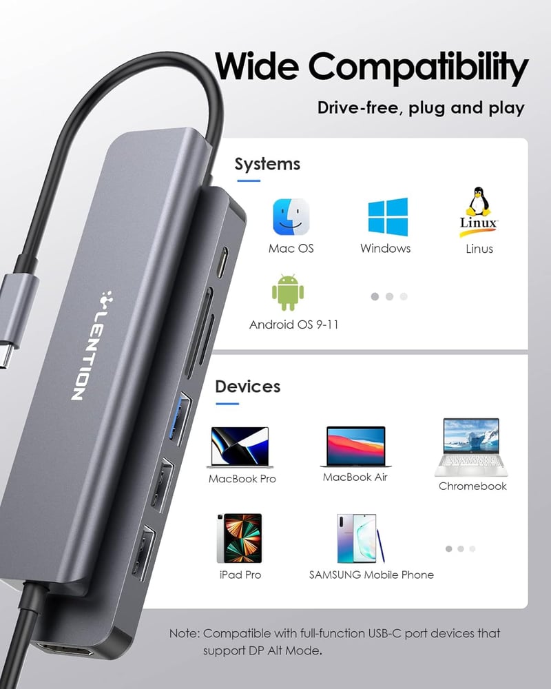 LENTION USB C Hub 7 az 1-ben - 100W PD Töltés, 4K HDMI, SD/TF Kártyaolvasó, USB 3.0 - MacBook Pro/Air, iPhone 16/15, Thunderbolt 3/4 Kompati