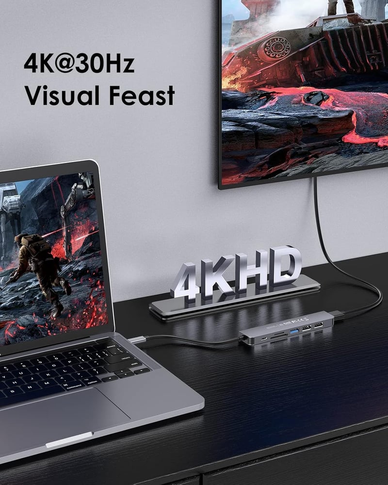 LENTION USB C Hub 7 az 1-ben - 100W PD Töltés, 4K HDMI, SD/TF Kártyaolvasó, USB 3.0 - MacBook Pro/Air, iPhone 16/15, Thunderbolt 3/4 Kompati