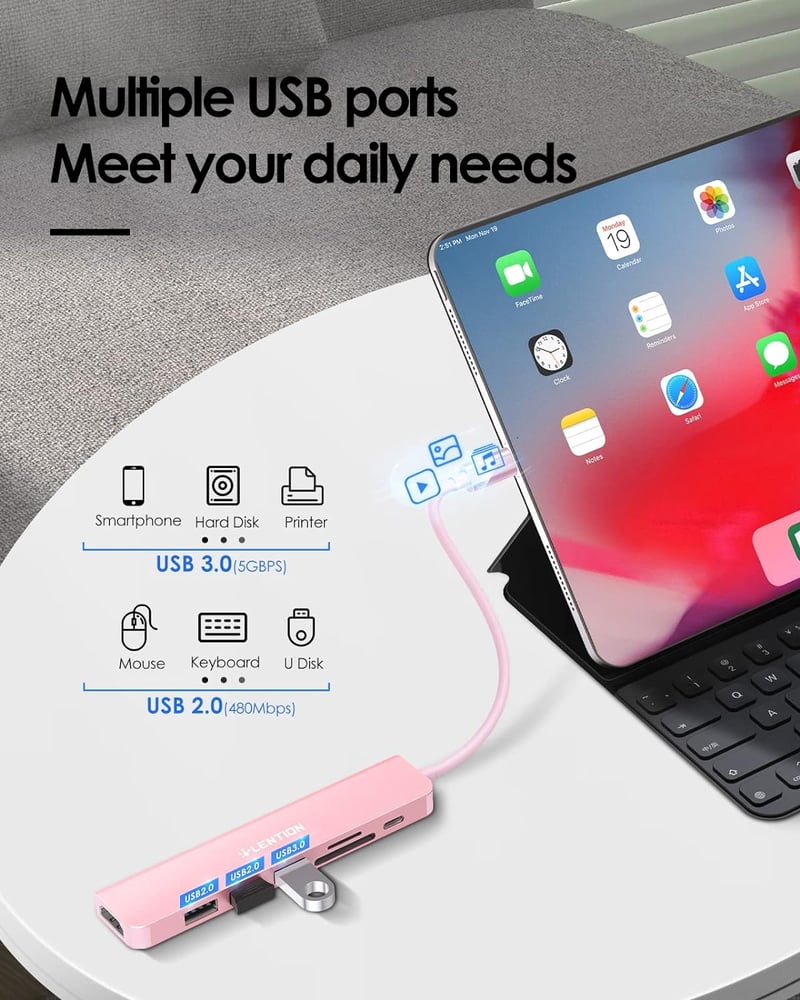 LENTION USB C Hub 7 az 1-ben - 100W PD Töltés, 4K HDMI, SD/TF Kártyaolvasó, USB 3.0 - MacBook Pro/Air, iPhone 16/15 Kompatibilis Adapter, Ró