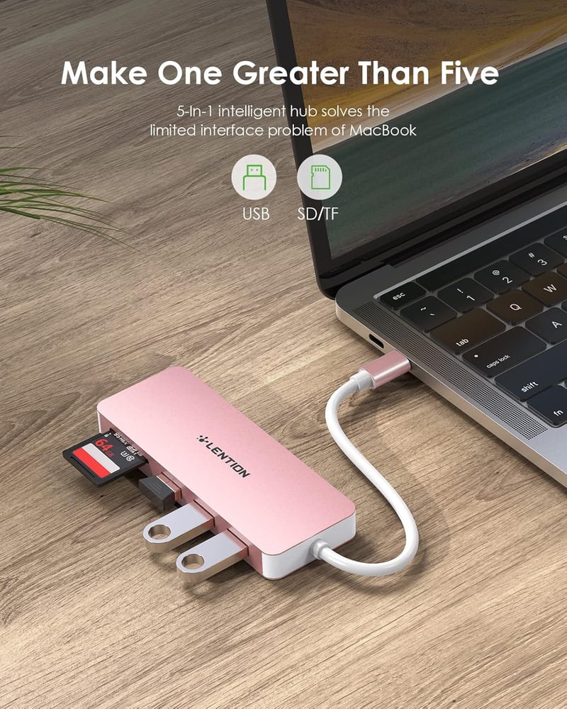 Lention USB C HUB - Alumínium Thunderbolt 3 Adapter 3 USB 3.0 Porttal és SD/TF Kártyaolvasóval - MacBook, Chromebook, Dell XPS, Asus ZenBook