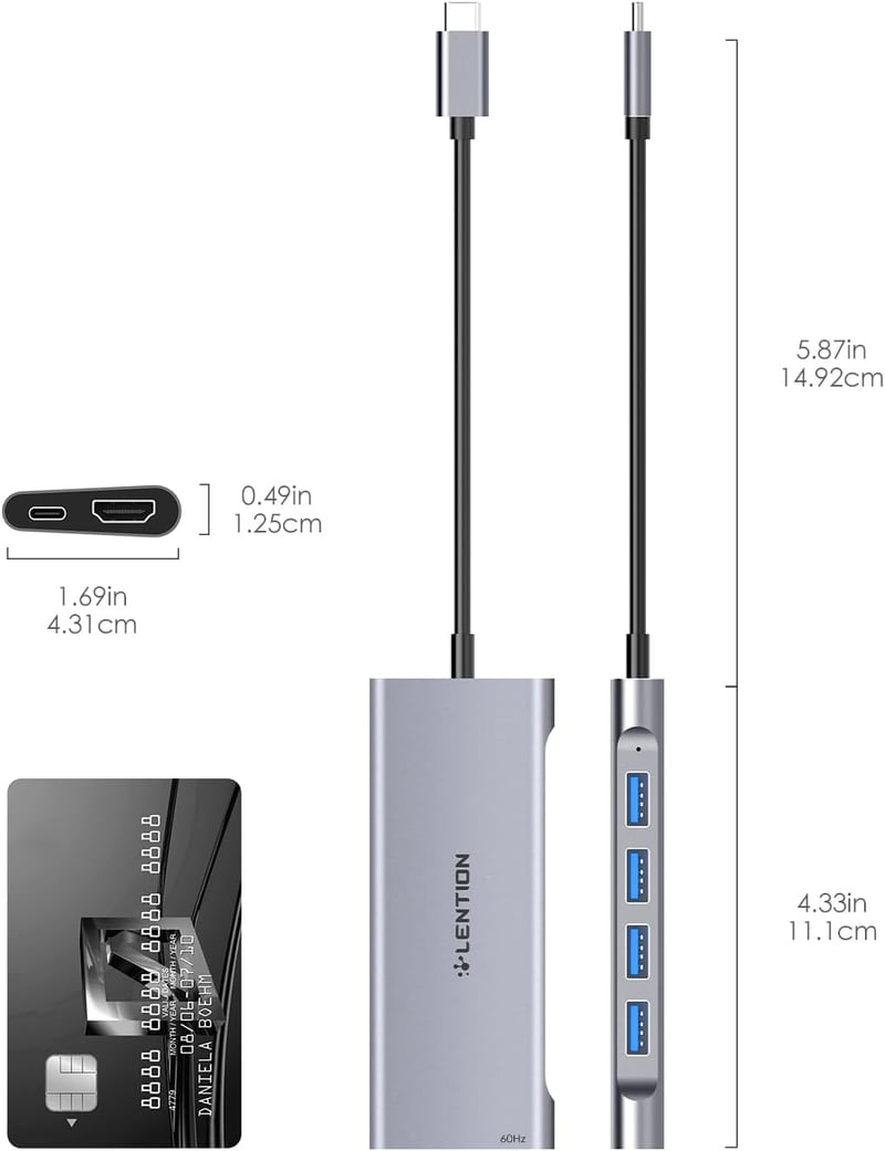 LENTION USB C Hub HDMI 4K60Hz - 6 az 1-ben adapter MacBook Pro/Air, iPhone 16/15 készülékekhez, 100W PD töltéssel, 4 USB 3.0 porttal, alumín