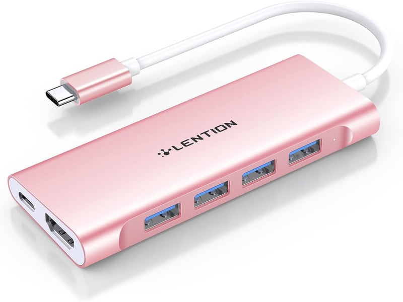 LENTION USB C Hub Multiport Adapter 4K HDMI, 4 USB 3.0, 100W Töltés - MacBook Pro/Air 2024-2016, Thunderbolt 3 Kompatibilis, Alumínium Rózsa