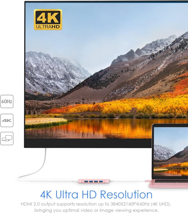 LENTION USB C Hub Multiport Adapter 4K HDMI, 4 USB 3.0, 100W Töltés - MacBook Pro/Air 2024-2016, Thunderbolt 3 Kompatibilis, Alumínium Rózsa