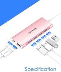 LENTION USB C Hub Multiport Adapter 4K HDMI, 4 USB 3.0, 100W Töltés - MacBook Pro/Air 2024-2016, Thunderbolt 3 Kompatibilis, Alumínium Rózsa 2