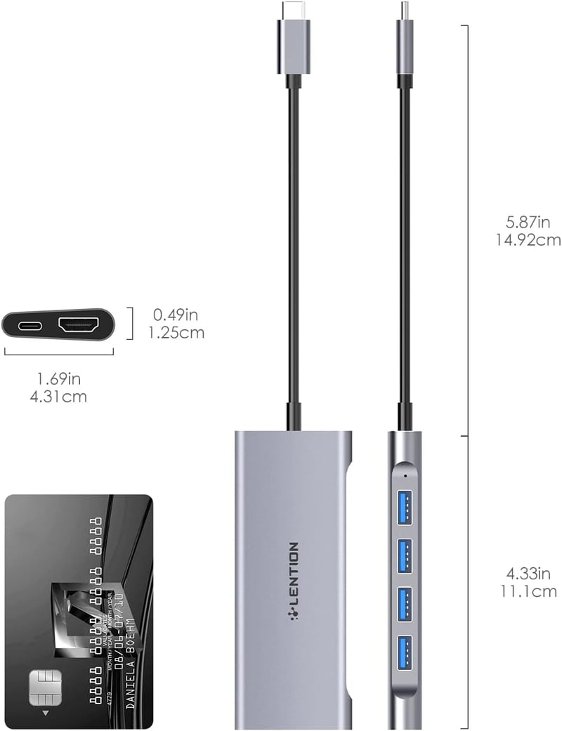 Lention USB-C Multiport Adapter 4K HDMI Kimenettel, 4 USB 3.0 Porttal, MacBook Pro/Air, Dell XPS Kompatibilis Dokkoló, 100W Töltéssel - Spac