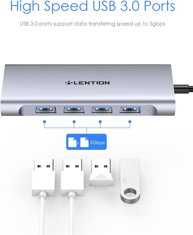 Lention USB-C Multiport Adapter 4K HDMI Kimenettel, 4 USB 3.0 Porttal, MacBook Pro/Air, Dell XPS Kompatibilis Dokkoló, 100W Töltéssel - Spac