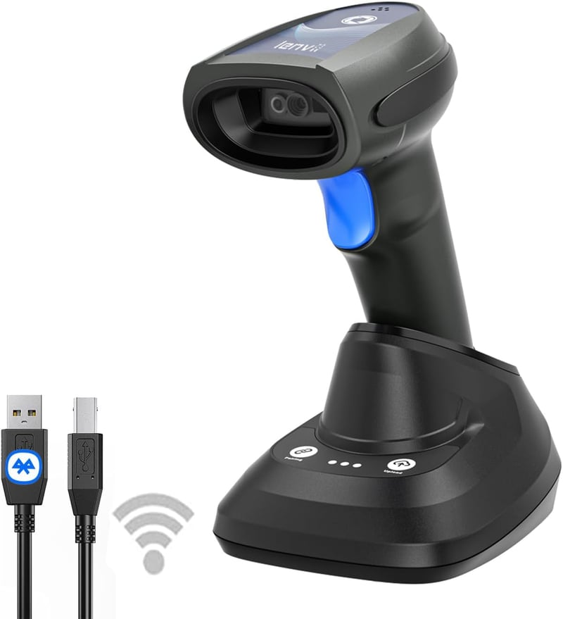 Cititor de coduri de bare Bluetooth LENVII 1D 2D QR 3 în 1, cu fir și fără fir, cu stație de încărcare pentru iOS și Android