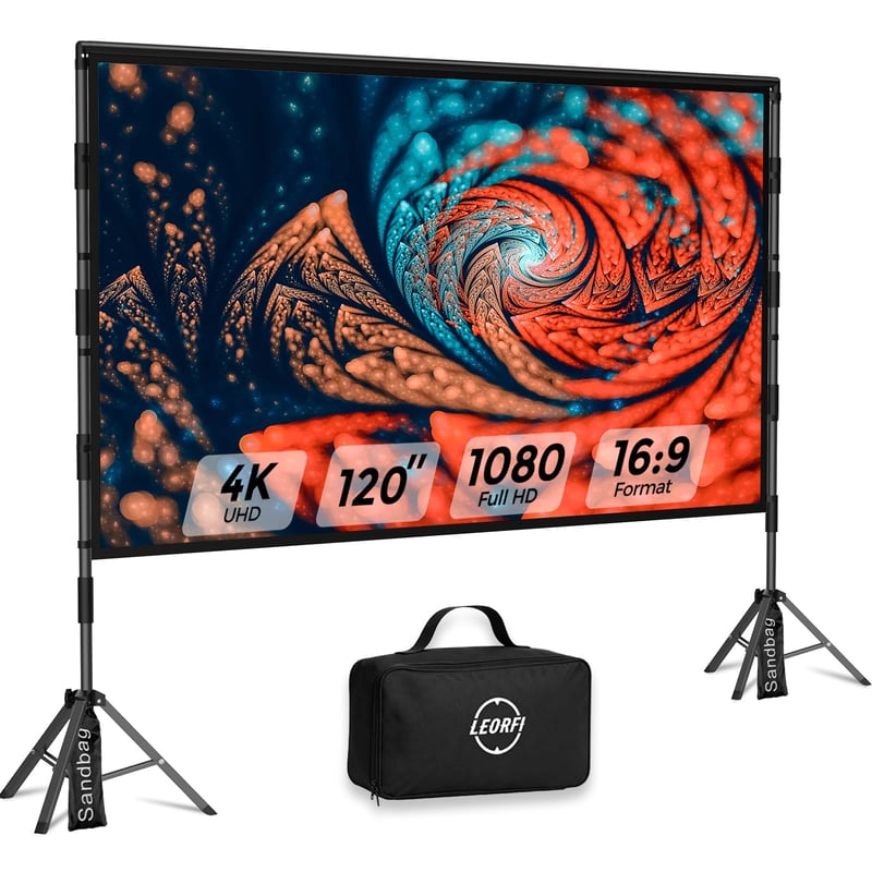 Prenosné premietacie plátno LEORFI so stojanom, 120 palcov, vonkajšie, 16:9 4K HD, s taškou, na vnútorné aj vonkajšie použitie