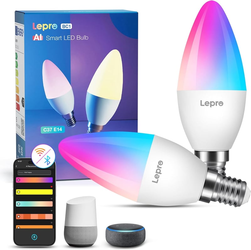 Lepro AI Smart LED izzó E14 4,9W RGB színváltós, hangvezérlés Alexa Google, WiFi Bluetooth, meleg hideg fehér fény