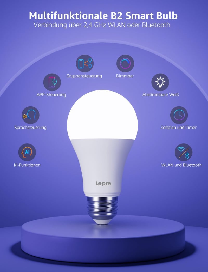 Lepro E27 10W okos izzó 2db, dimmelhető WiFi LED lámpa Alexa Google kompatibilis