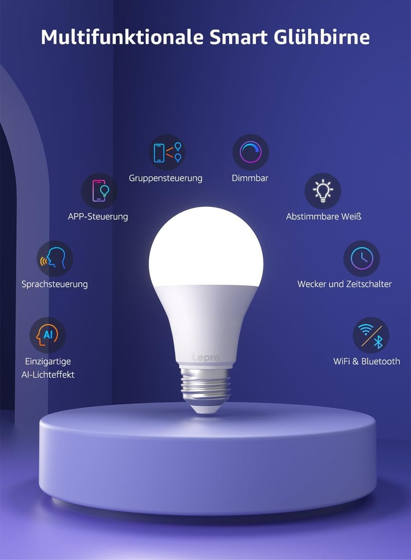 Lepro E27 8.5W Okos Izzó Dimmer Funkcióval, WiFi és Bluetooth, Alexa és Google Kompatibilis
