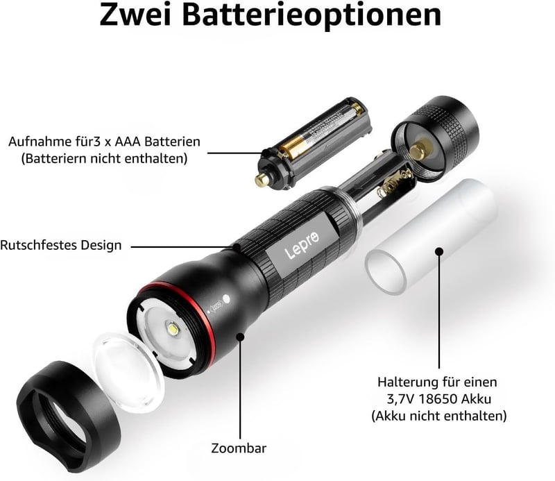 Lepro LE2000 LED Lámpa 5 Móddal, Zoomható Kemping Fénylámpa, Vízálló Elemlámpa 2db - 2, Zoomable