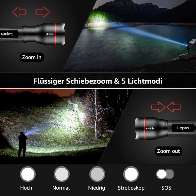 Lepro LE2050 LED Zseblámpa 300 Lumen - Zoomolható, 5 Üzemmódú, Vízálló Elemlámpa Csipesszel - Kempingezéshez, Túrázáshoz, Vészhelyzetekre
