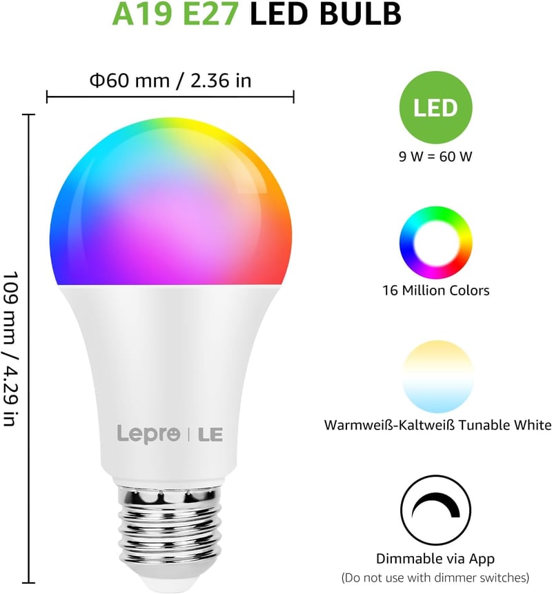 Lepro LED E27 9W RGB Színváltó Izzó Távirányítóval, 16 Szín és Meleg Fehér
