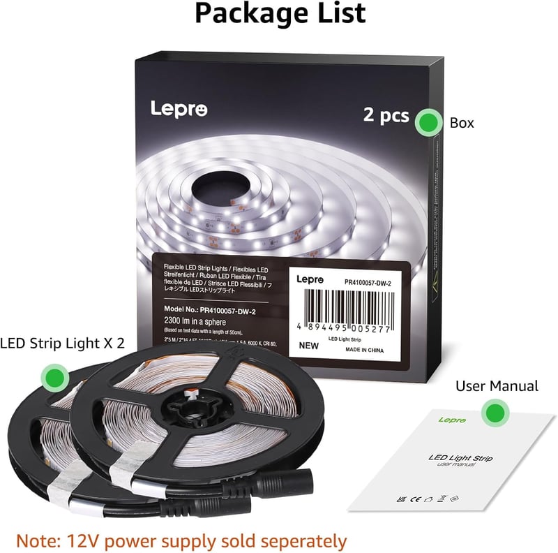 Lepro LED Szalag 10m, 600 LED 2835 SMD, Hidegfehér Beltéri Világítás, Öntapadós Dimmelhető Fényszalag TV Háttérvilágításhoz, Konyhába, 2x5m 