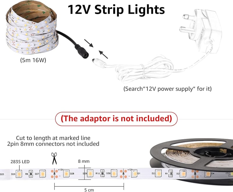 Lepro LED szalag 5m hideg fehér 12V 300 LED 2835 chip 6000K 2300 lumen öntapadós beltéri világítás konyha otthon