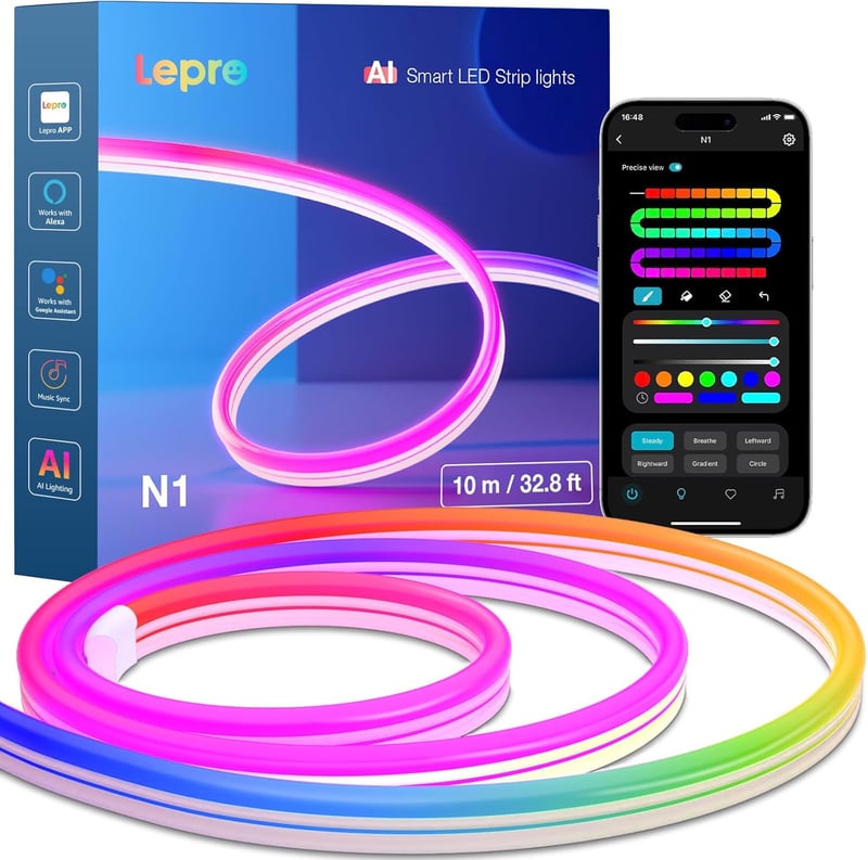 Lepro Neon LED Szalag 10m Alkalmazás Vezérléssel, Zene Szinkron, Alexa Google Assistant Kompatibilis, RGB Neon Fénycsík Szobadekoráció