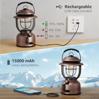 Retro kempingová lampa Lepro 1000 lúmenov, nabíjateľná kempingová lampa s 15000 mAh powerbankou, antik bronz, 2500K teplá biela a 5000K studená biela, stmievateľná 5