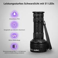 Lepro UV Fekete Fény Zseblámpa 51 LED-del - 395 nm Ultraibolya Lámpa Kisállat Vizelet Detektor Szőnyegen Lévő Foltokhoz - Alumínium Ház, 3W, 6