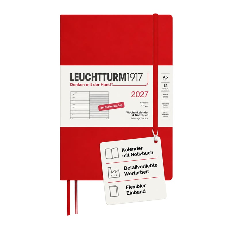 LEUCHTTURM1917 Týždenný diár 2027 Medium (A5) s poznámkovým blokom – Plánovač, nemecký jazyk, čerešňová, mäkká väzba, január – december 2027, týždenný prehľad vľavo + poznámková strana vpravo