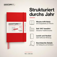 LEUCHTTURM1917 Týždenný diár 2027 Medium (A5) s poznámkovým blokom – Plánovač, nemecký jazyk, čerešňová, mäkká väzba, január – december 2027, týždenný prehľad vľavo + poznámková strana vpravo 2