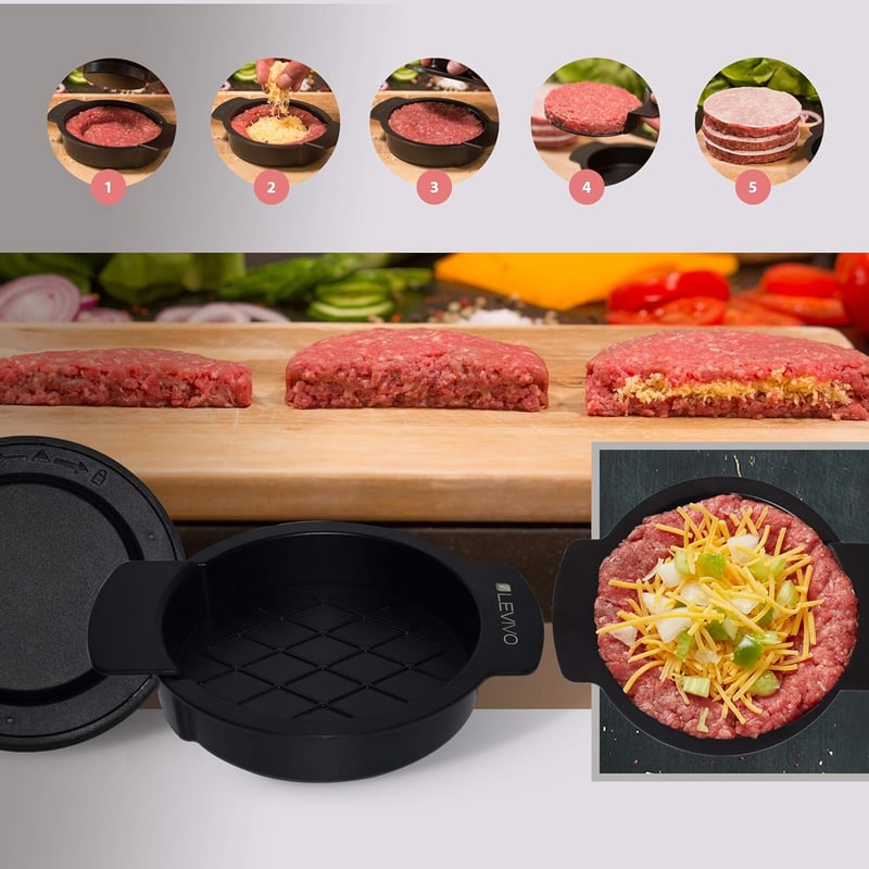Levivo Hamburger Présgép 5 Részes Szett Antilengő Papírral Húspogácsa Készítéshez