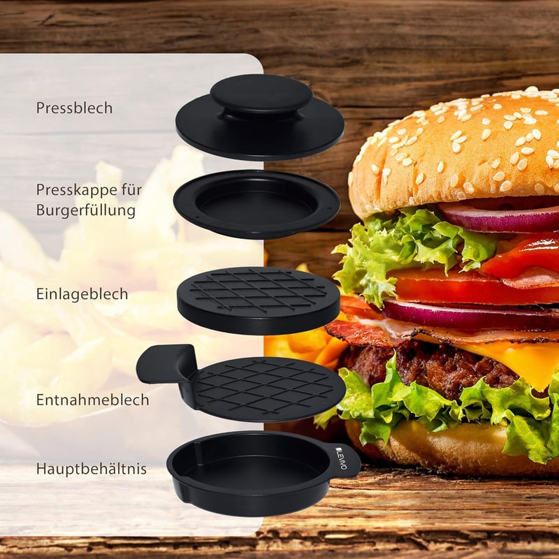 Levivo Hamburger Présgép 5 Részes Szett Antilengő Papírral Húspogácsa Készítéshez
