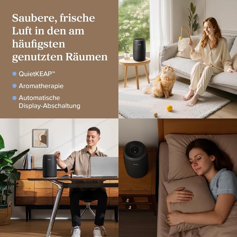 LEVOIT Core Mini fekete légtisztító HEPA szűrővel, aromaterápiás funkcióval, hálószobához